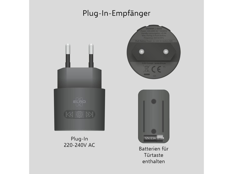 Funk Türklingel-Set, 2 Plug-in-Empfänger, Funkklingel wetterfest, Schwarz