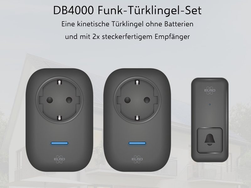 Funk Türklingel-Set, 2 Empfänger für die Steckdose, Kinetik Türtaster, Schwarz