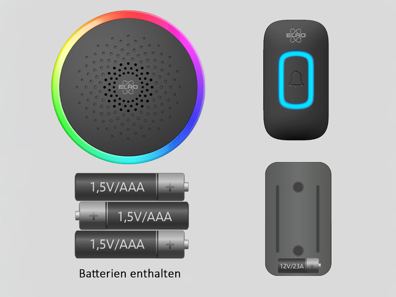 Funk Türklingel-Set Türtaster und mobiler Empfänger Batteriebetrieben, Schwarz