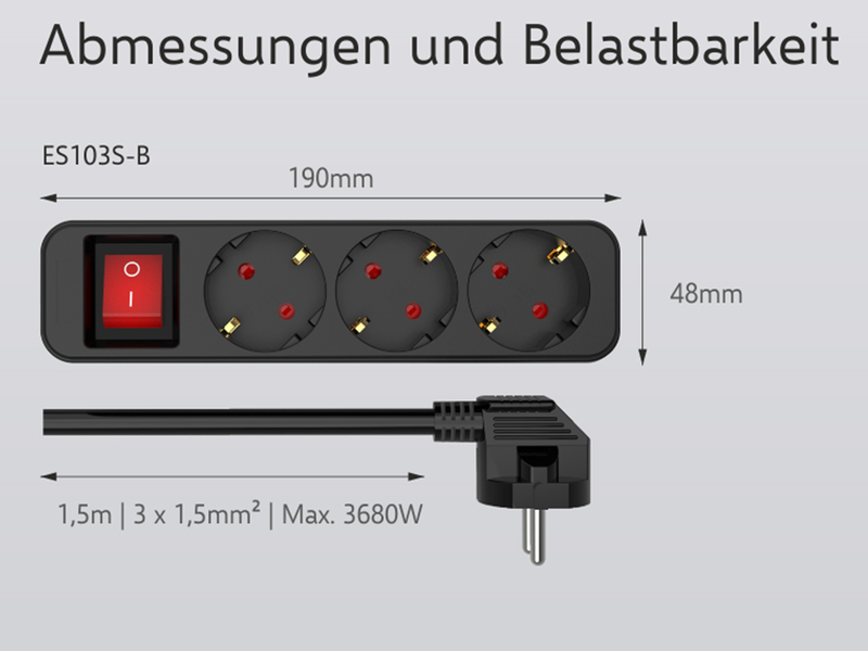 4er Set Steckdosenleiste 3 fach mit 2-poligem Schalter, Kindersicherung, Schwarz