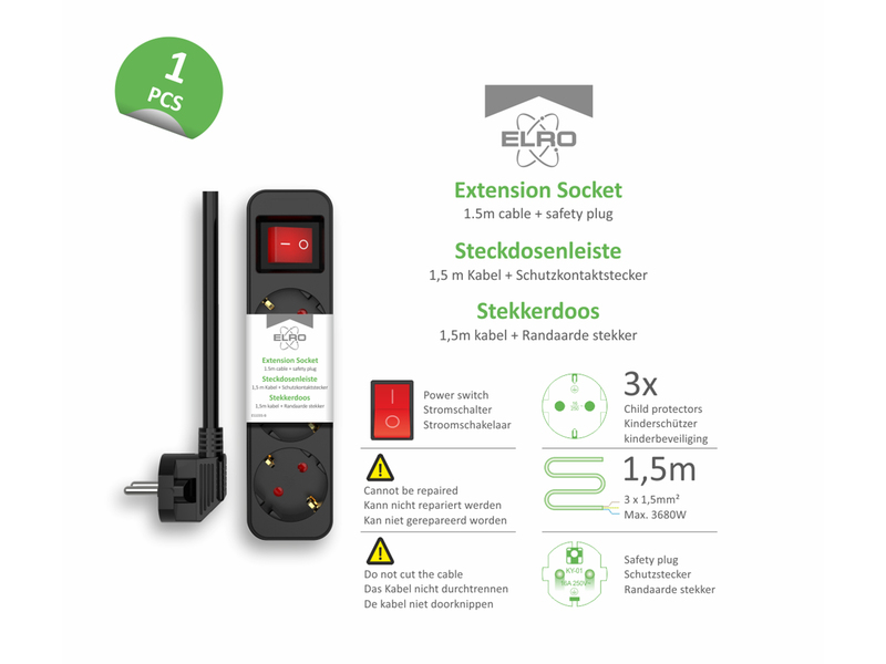 4er Set Steckdosenleiste 3 fach mit 2-poligem Schalter, Kindersicherung, Schwarz