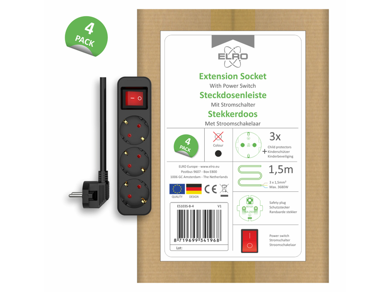 4er Set Steckdosenleiste 3 fach mit 2-poligem Schalter, Kindersicherung, Schwarz