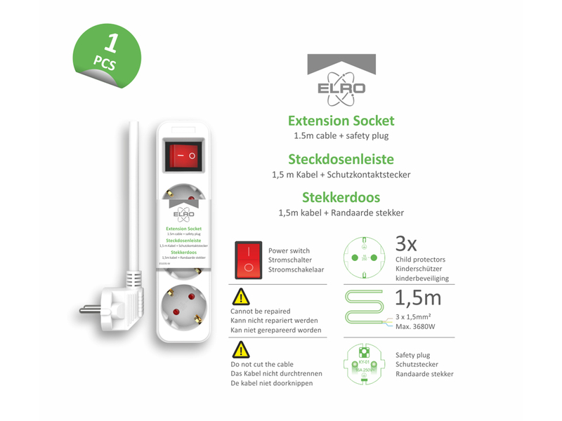 4er Set Steckdosenleiste 3 fach mit 2-poligem Schalter, Kindersicherung, Weiß