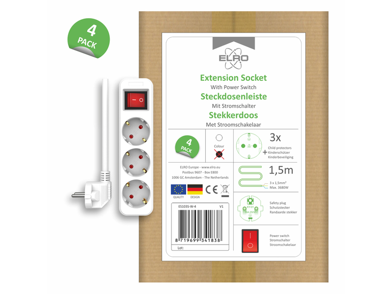 4er Set Steckdosenleiste 3 fach mit 2-poligem Schalter, Kindersicherung, Weiß