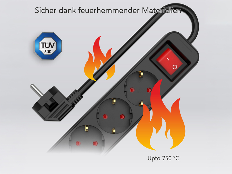 3er Set Steckdosenleiste 6 fach mit 2-poligem Schalter, Kindersicherung, Schwarz