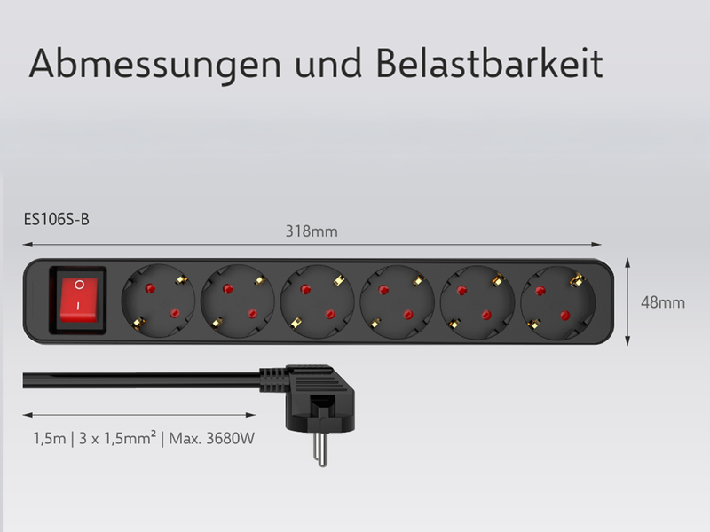 3er Set Steckdosenleiste 6 fach mit 2-poligem Schalter, Kindersicherung, Schwarz