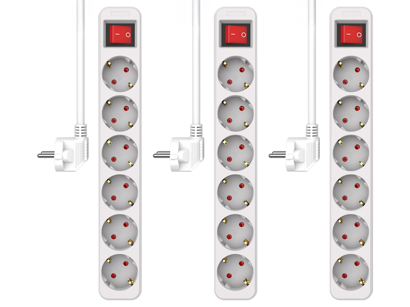 3er Set Steckdosenleiste 6 fach mit 2-poligem Schalter, Kindersicherung, Weiß