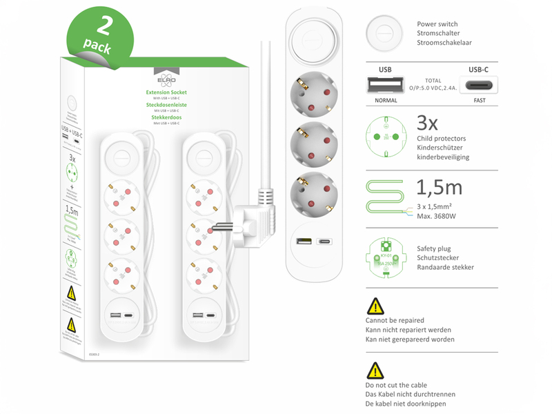 2er Set USB Steckdosenleiste 3 fach mit 2-poligem Schalter, Kindersicherung Weiß