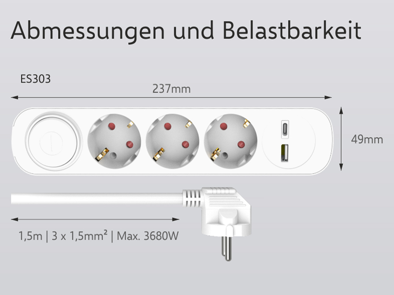 2er Set USB Steckdosenleiste 3 fach mit 2-poligem Schalter, Kindersicherung Weiß