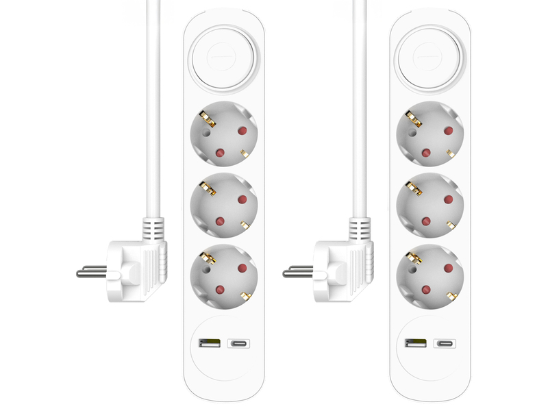 2er Set USB Steckdosenleiste 3 fach mit 2-poligem Schalter, Kindersicherung Weiß