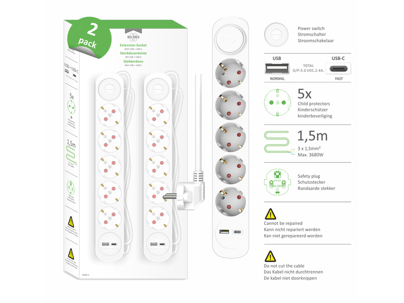 2er Set USB Steckdosenleiste 5 fach mit 2-poligem Schalter, Kindersicherung Weiß