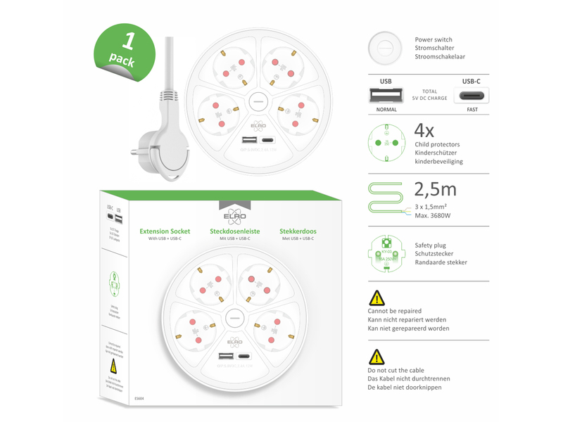 USB Steckdosenleiste 4 fach mit 2-poligem Schalter, Kindersicherung Weiß, Ø 14cm