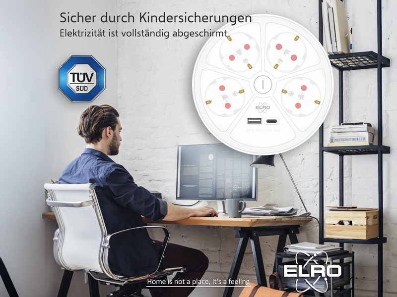 USB Steckdosenleiste 4 fach mit 2-poligem Schalter, Kindersicherung Weiß, Ø 14cm