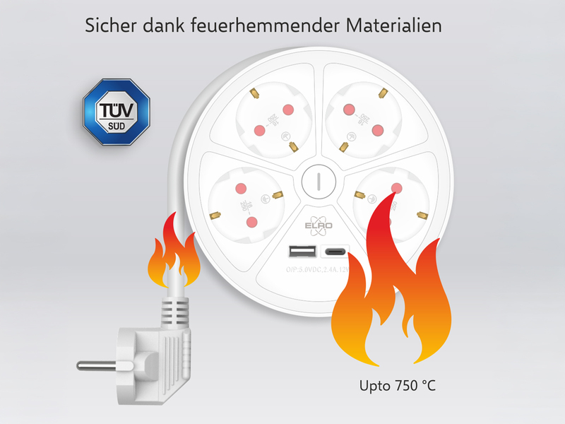 USB Steckdosenleiste 4 fach mit 2-poligem Schalter, Kindersicherung Weiß, Ø 14cm
