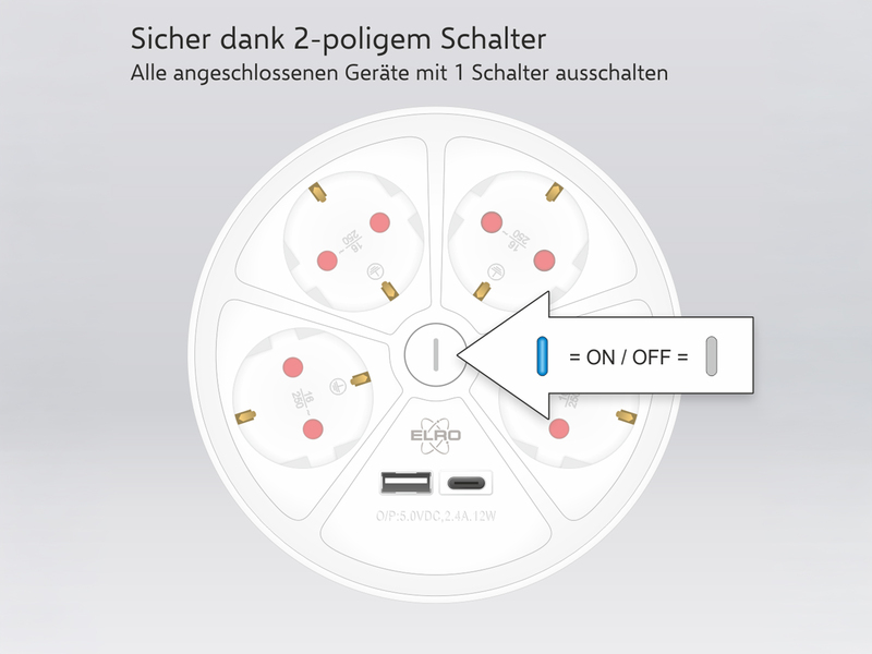 USB Steckdosenleiste 4 fach mit 2-poligem Schalter, Kindersicherung Weiß, Ø 14cm