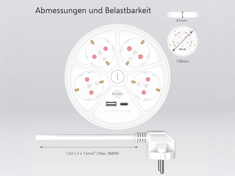 USB Steckdosenleiste 4 fach mit 2-poligem Schalter, Kindersicherung Weiß, Ø 14cm