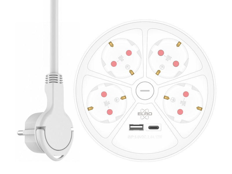 USB Steckdosenleiste 4 fach mit 2-poligem Schalter, Kindersicherung Weiß, Ø 14cm