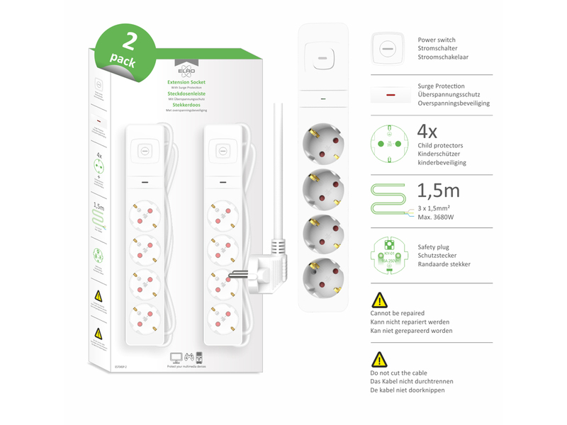 2x Steckdosenleiste 4 fach mit Schalter Überspannungsschutz Kindersicherung Weiß