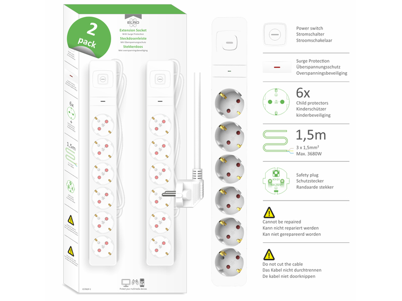 2x Steckdosenleiste 6 fach mit Schalter Überspannungsschutz Kindersicherung Weiß