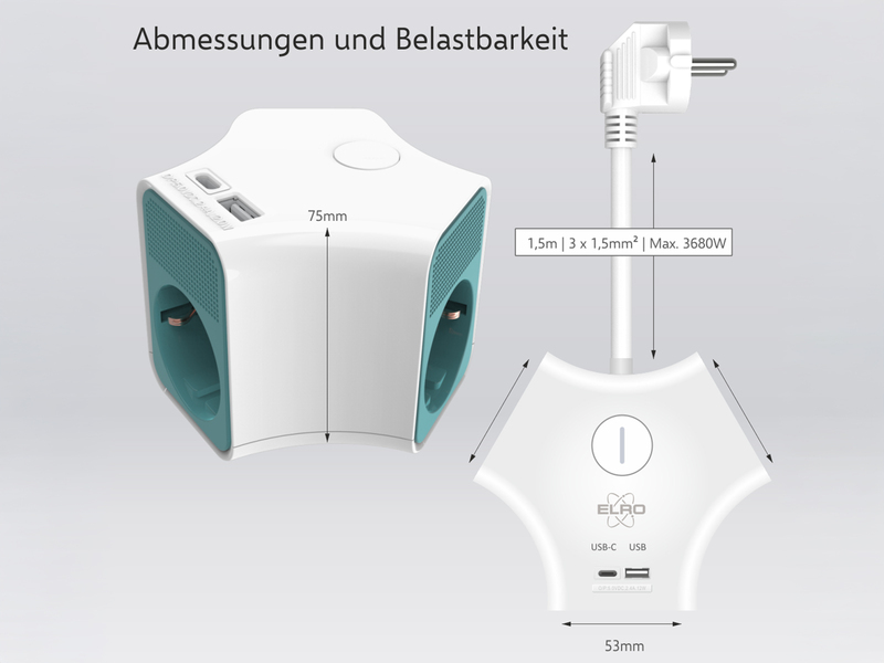 Steckdosenwürfel USB Steckdosenleiste 3 fach mit Schalter, Kindersicherung, Weiß
