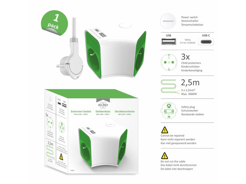 Steckdosenwürfel USB Steckdosenleiste 3 fach mit Schalter, Kindersicherung, Weiß