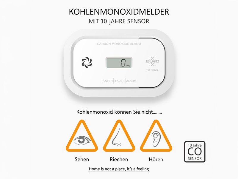 Kohlenmonoxid-Melder mit Batterie, 85dB Alarm und optischer Warnung, Breite 12cm