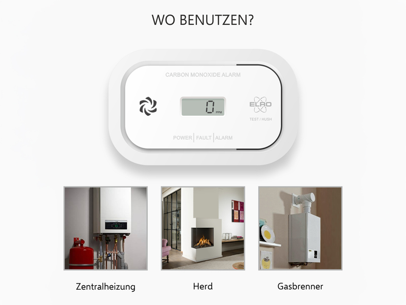 Kohlenmonoxid-Melder mit Batterie, 85dB Alarm und optischer Warnung, Breite 12cm