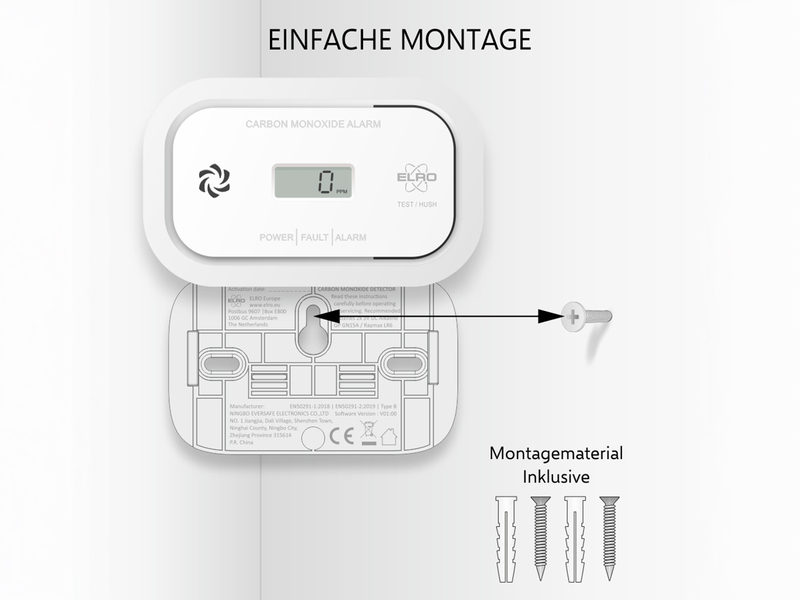 Kohlenmonoxid-Melder mit Batterie, 85dB Alarm und optischer Warnung, Breite 12cm