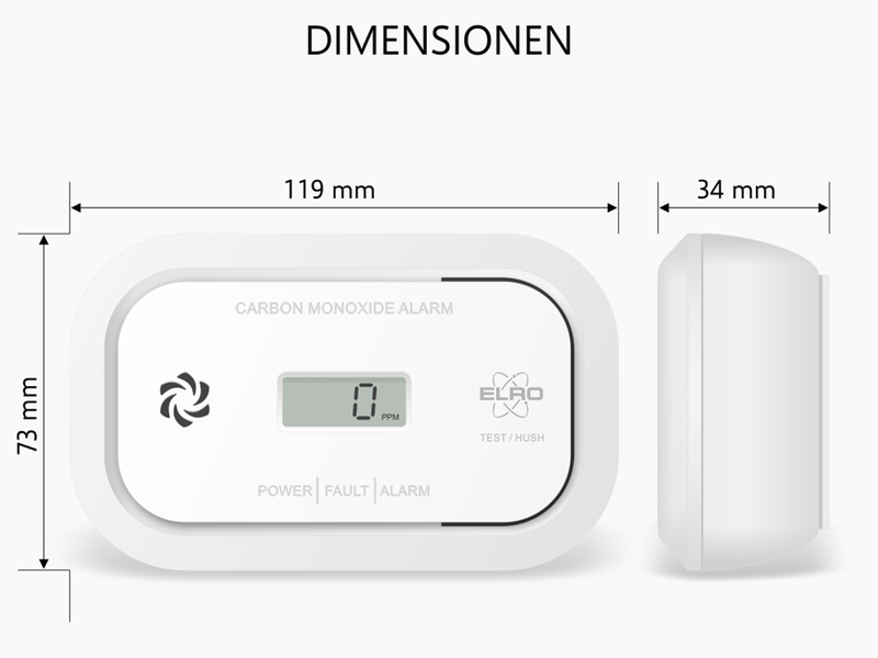 Kohlenmonoxid-Melder mit Batterie, 85dB Alarm und optischer Warnung, Breite 12cm