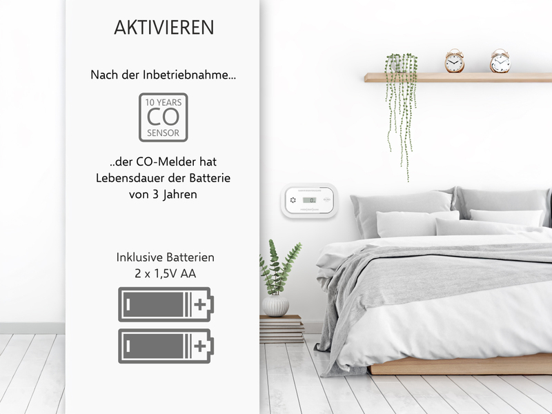 2er Set Kohlenmonoxid-Melder mit Batterie, 85dB Alarm und optischer Warnung