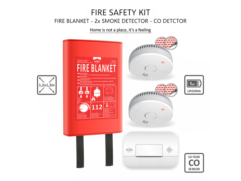 ELRO Brandschutzset: Rauchmelder mit Batterie, Kohlenmonoxid-Melder, Löschdecke