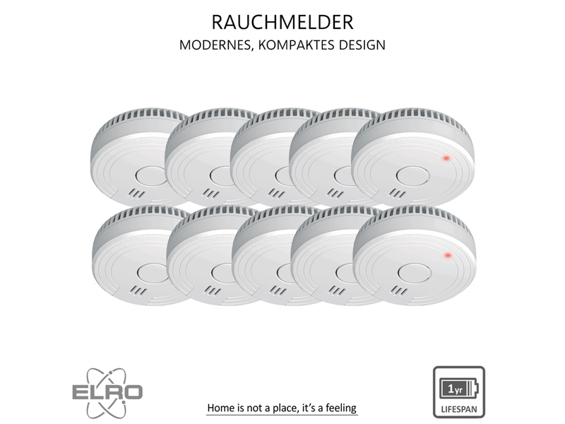 10er Set ELRO Optischer Rauchmelder mit wechselbarer 1 Jahres Batterie, Ø 10cm