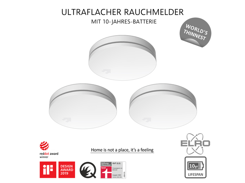 3er Set ELRO Optischer Rauchmelder mit 10 Jahres Batterie, Flach Höhe 2,3cm Weiß