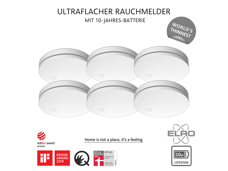 6er Set ELRO Optischer Rauchmelder mit 10 Jahres Batterie, Flach Höhe 2,3cm Weiß