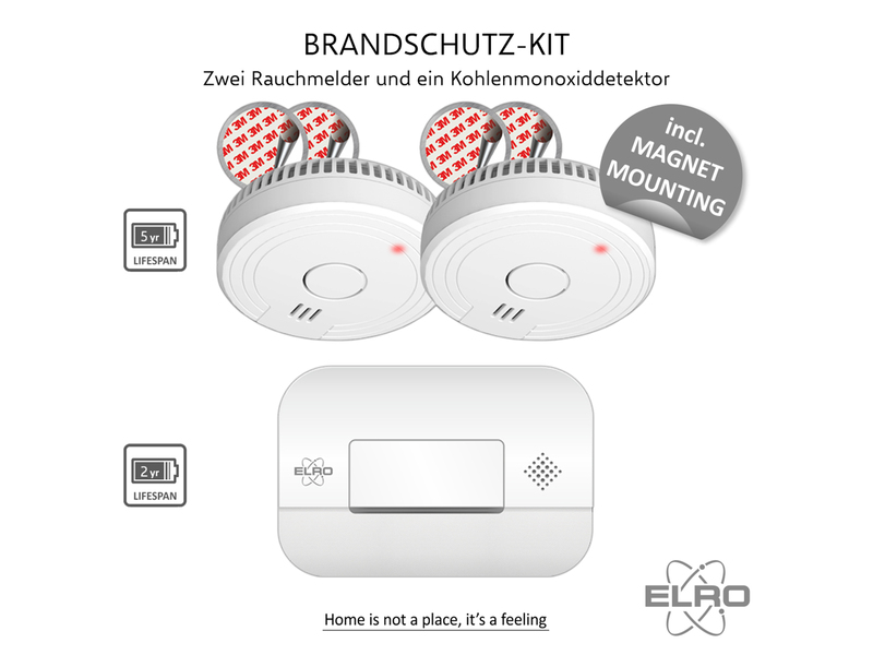 ELRO Brandschutzset: 2x Rauchmelder mit Batterie und Magnethalterung, CO Melder