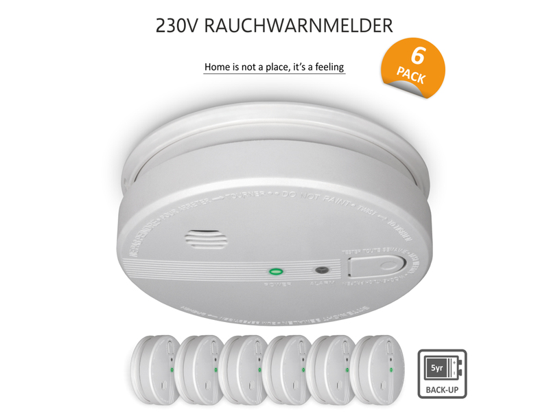 6er Set Optischer Rauchmelder 230V vernetzbar 5 Jahres Back-Up Batterie Ø 12,5cm