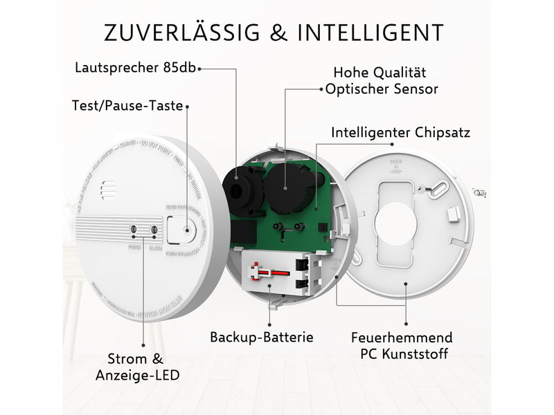 6er Set Optischer Rauchmelder 230V vernetzbar 5 Jahres Back-Up Batterie Ø 12,5cm