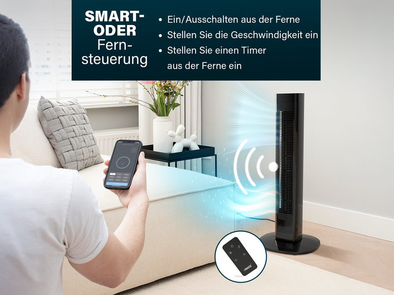 Oszillierender Turmventilator leise mit Fernbedienung Schwarz H: 80cm