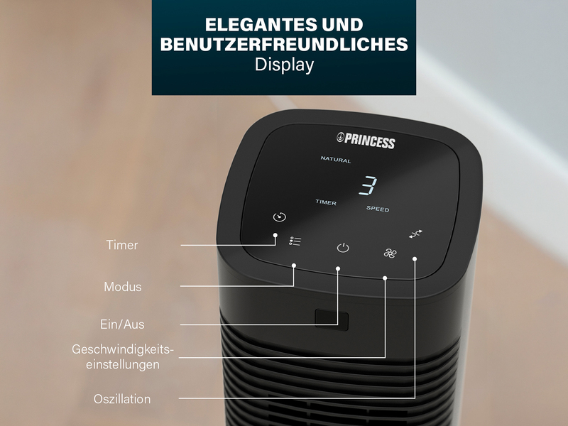 Oszillierender Turmventilator leise mit Fernbedienung Schwarz H: 80cm
