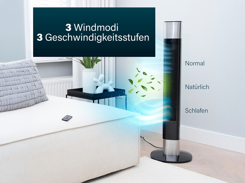 Oszillierender Turmventilator sehr leise mit Fernbedienung Schwarz Höhe 103cm