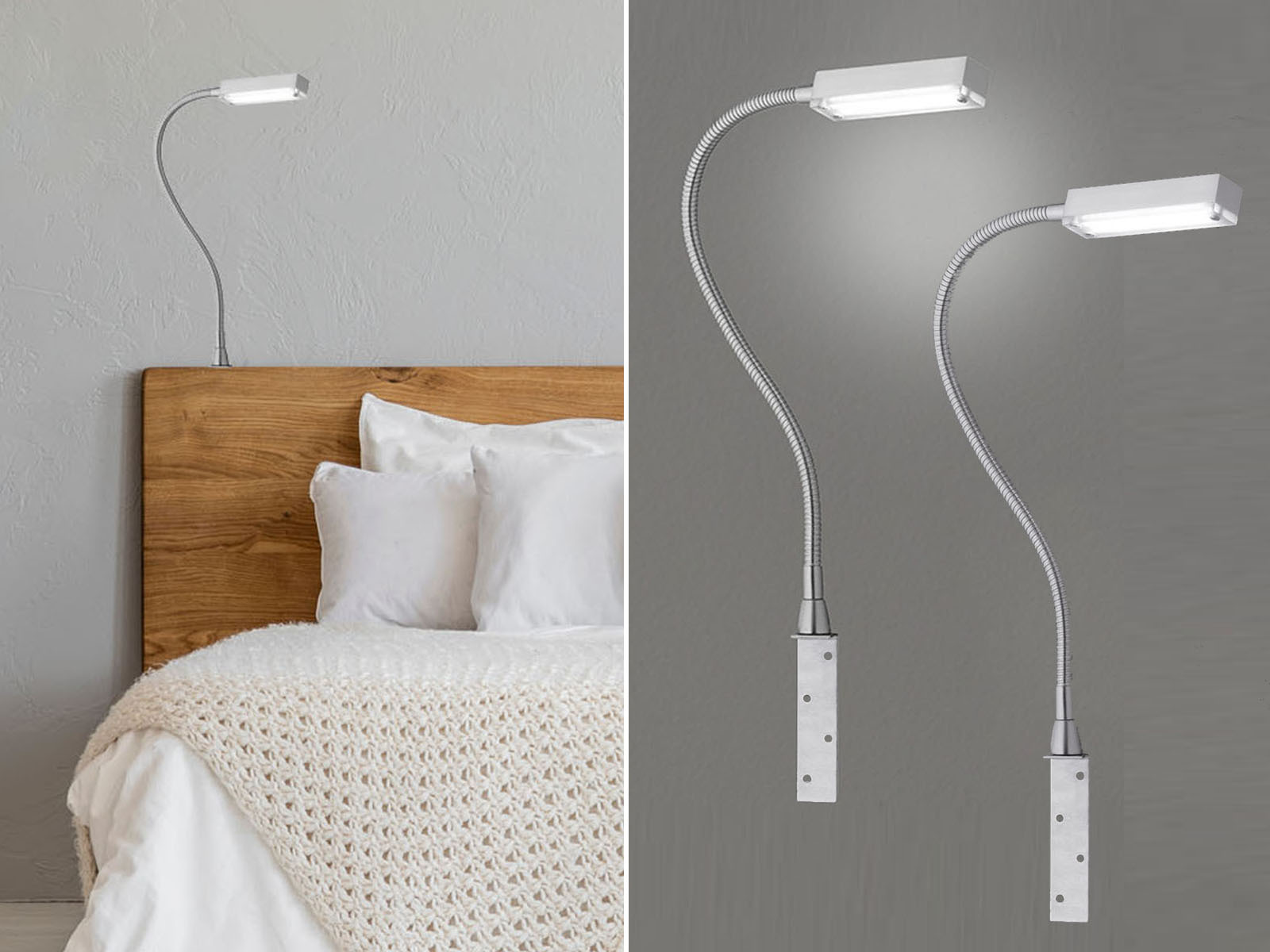 2er SET LED Bettlampen Silber dimmbar, zum Anschrauben, mit Stecker, Breite 3cm