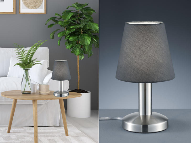 Kleine Tischlampe Stoffschirm Textil grau mit Dimmer