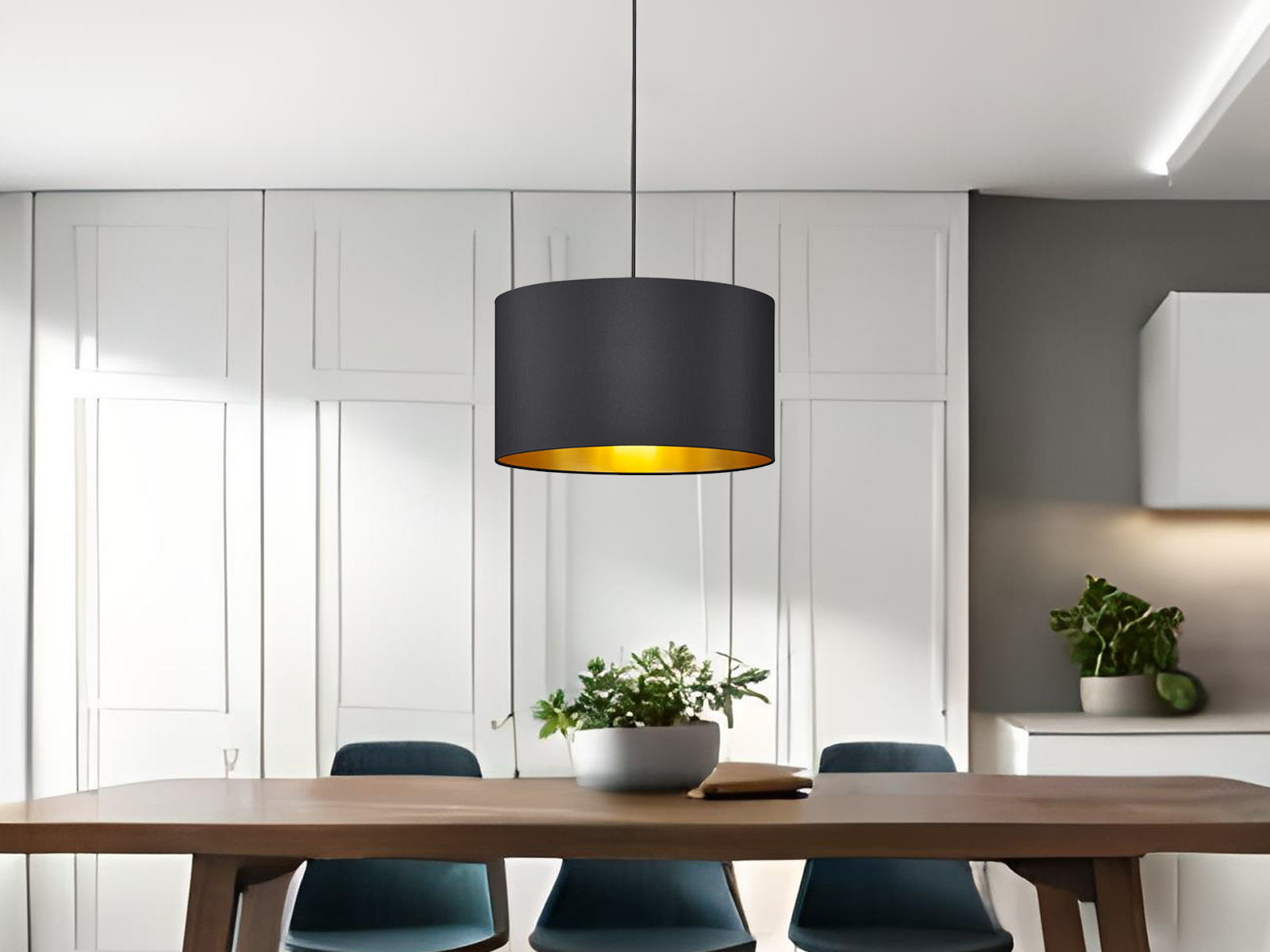 LED Hängelampe dimmbar mit Stoff Lampenschirm Schwarz & Gold, Ø 40cm