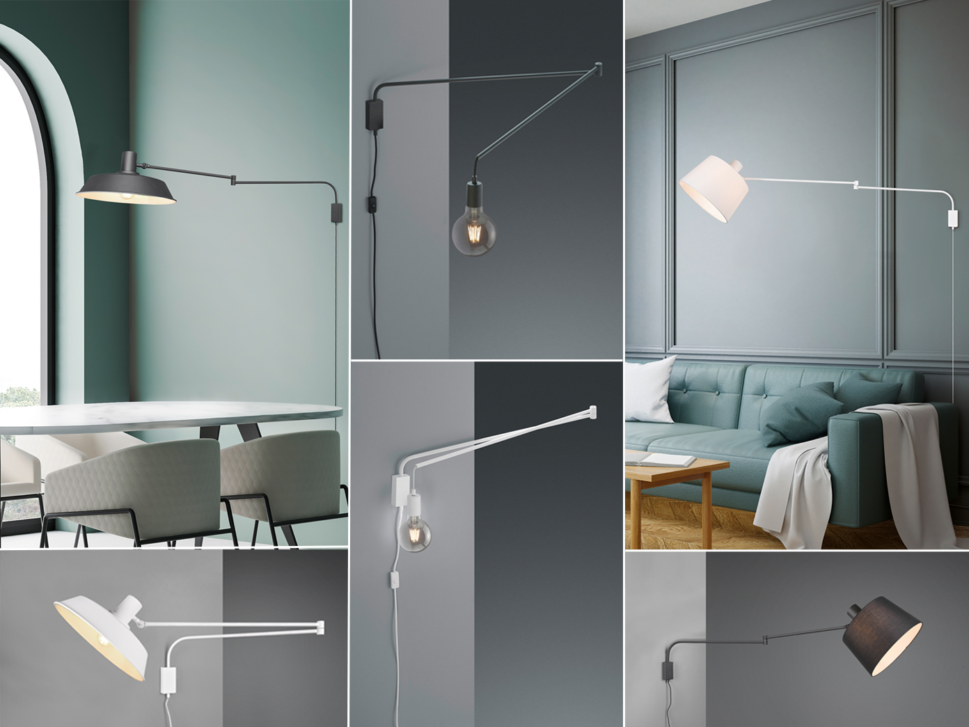 Hängende Wandlampen mit Schwenkarm, Stoff/Kabel/Metallschirm, Schalter & Stecker