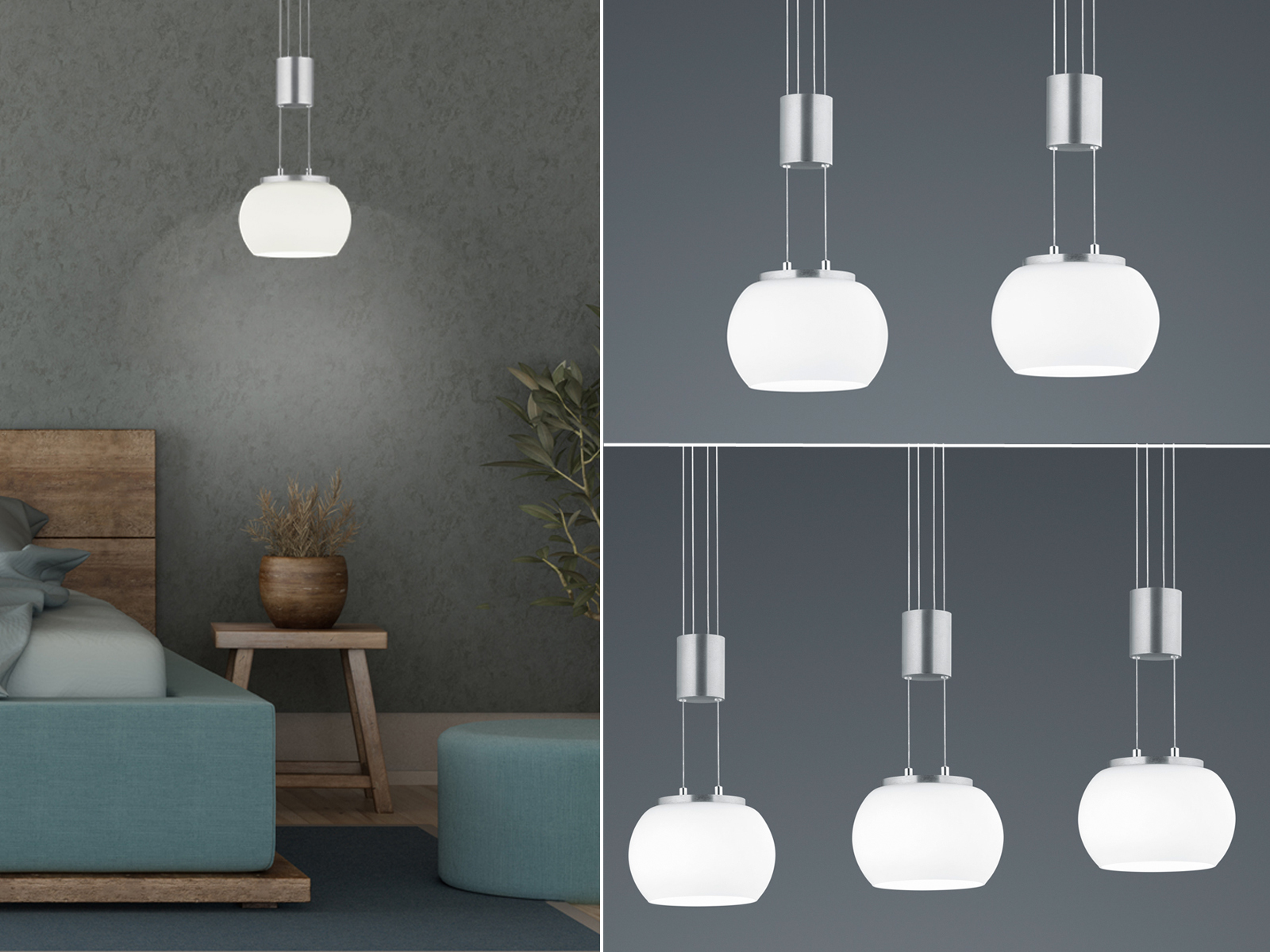 LED Pendelleuchten MADISON Silber matt mit Milchglas Lampenschirmen