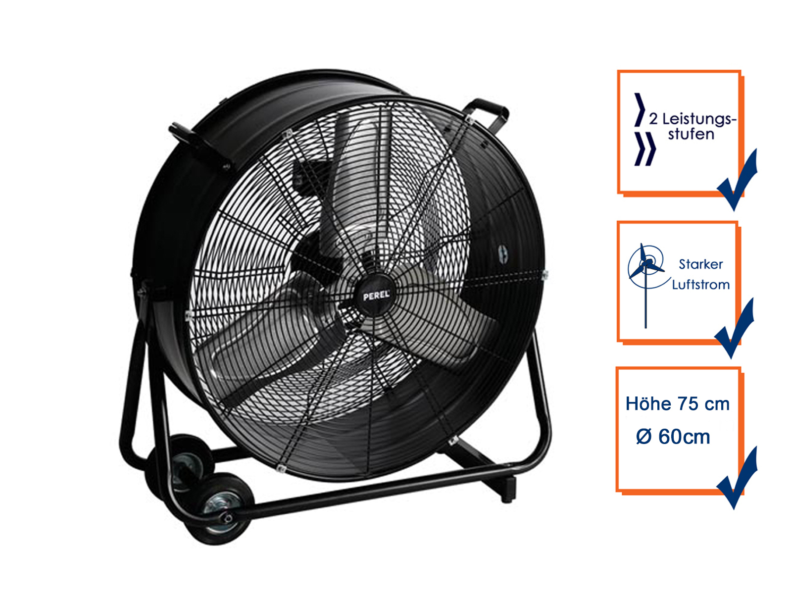 Bodenventilator mit Rädern, Raumentfeuchter, 2 Stufen, 330Watt Ø60cm