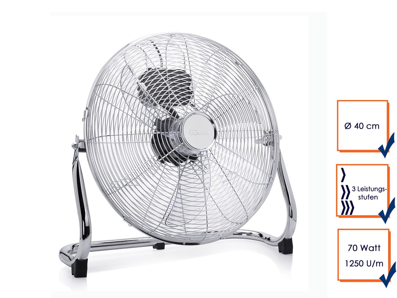 Bodenventilator in Chrom, Ø 40cm, 70 Watt, 3 Leistungsstufen, 130° Winkel